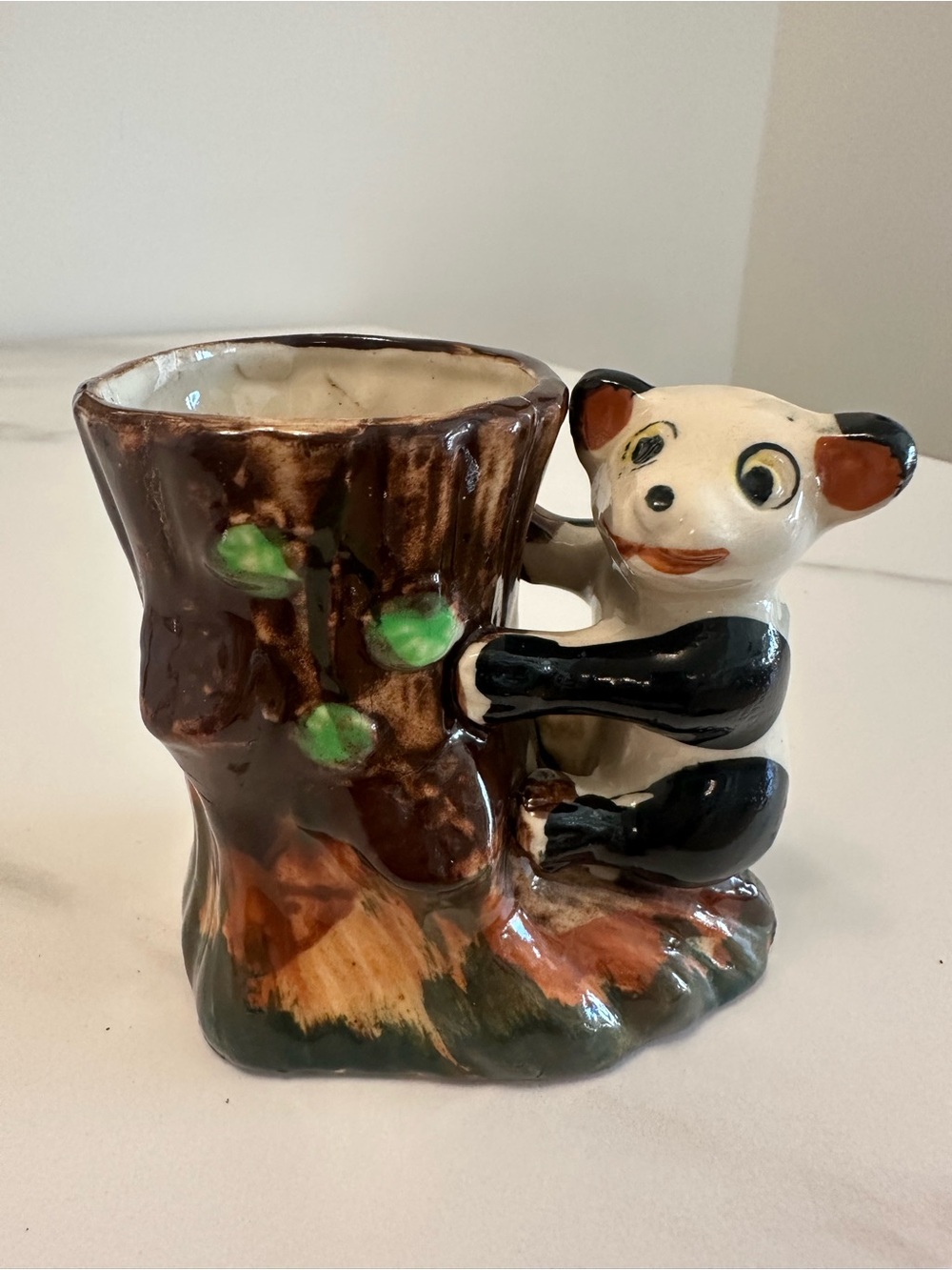 Vintage Hand-Painted Ceramic Panda & Tree Stump Planter/Vase